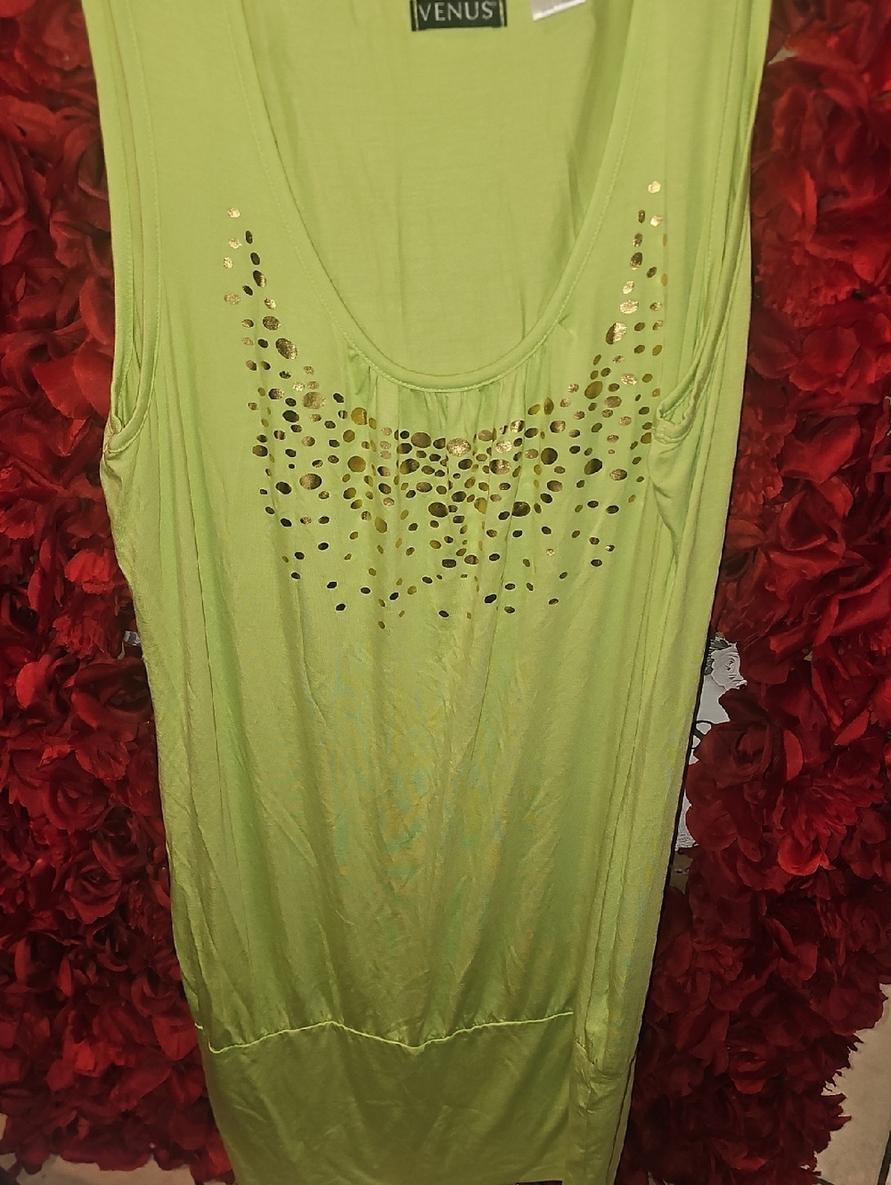 VENUS Lime Green Scoop Neck Tank Dress with Gold Foil Dot Detail Size Large